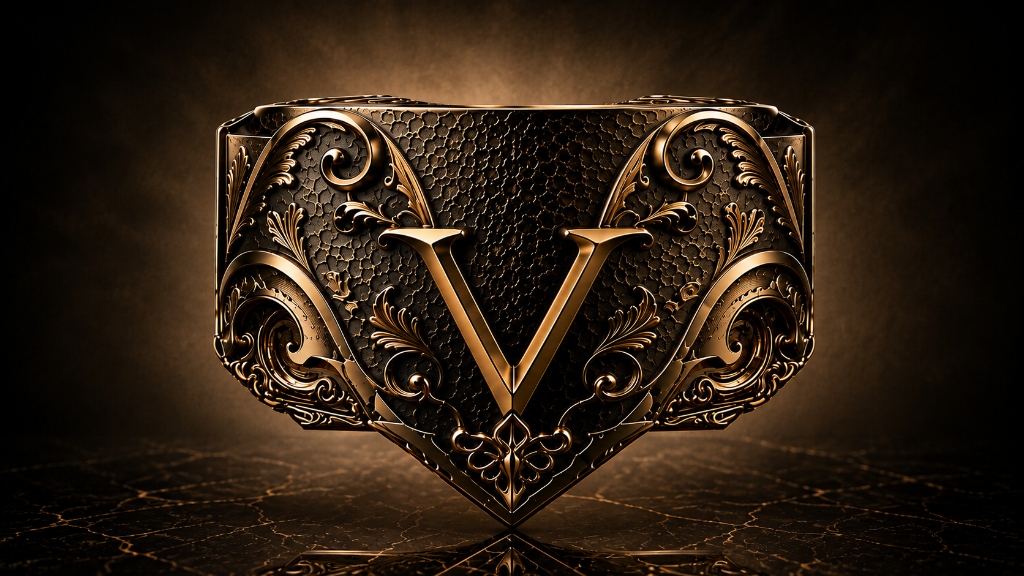 VELVORA ornate V crest — zinc alloy jacket detail