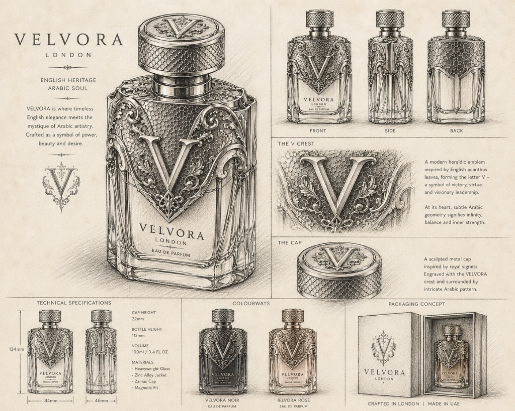 VELVORA design sketch — bottle technical drawings